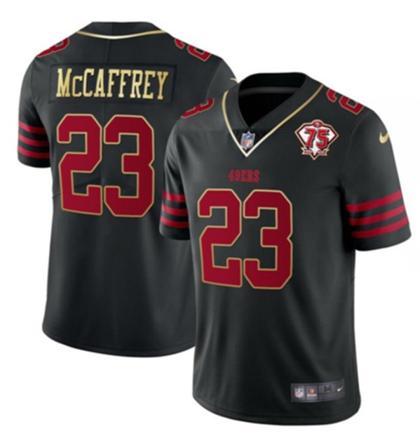 Men's San Francisco 49ers #23 Christian McCaffrey Black With 75th Anniversary Patch Stitched Jersey